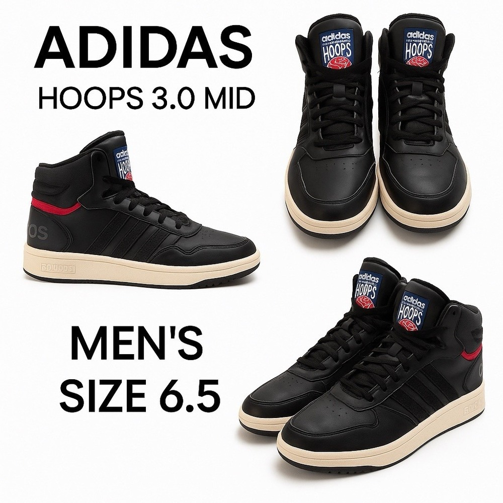 Adidas Hoops 3.0 Mid Sneakers – Black / Cloud White / Red – Men's 6.5 /Women's 8